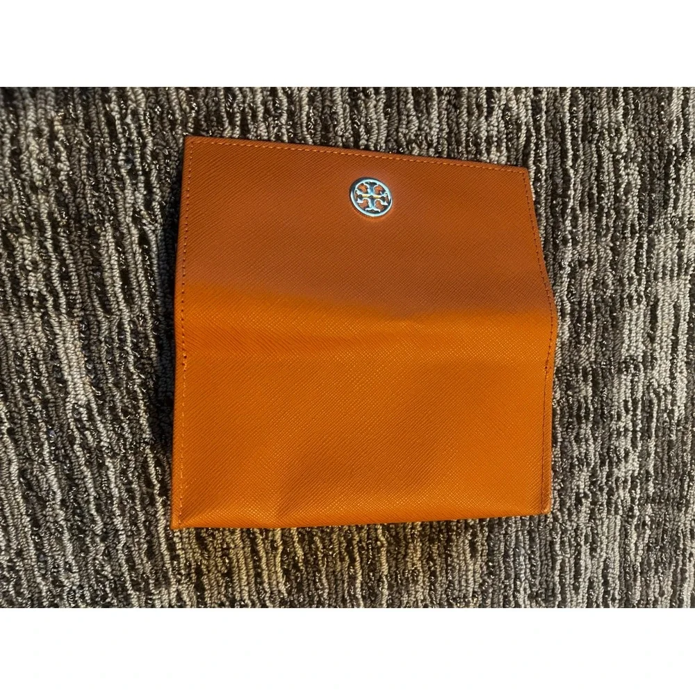 Tory Burch Robinson Orange Saffiano Leather Foldable Sunglasses Case Gold Logo